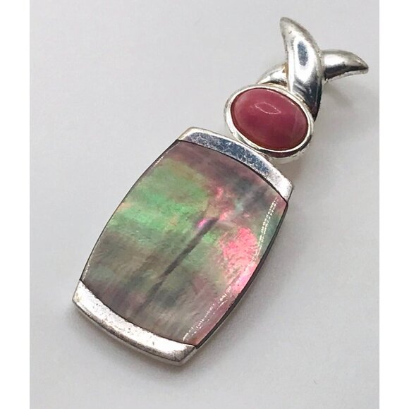Vintage Sterling Pendant Abalone Shell Pink Stone Abstract Shape 925 Estate - Picture 1 of 4